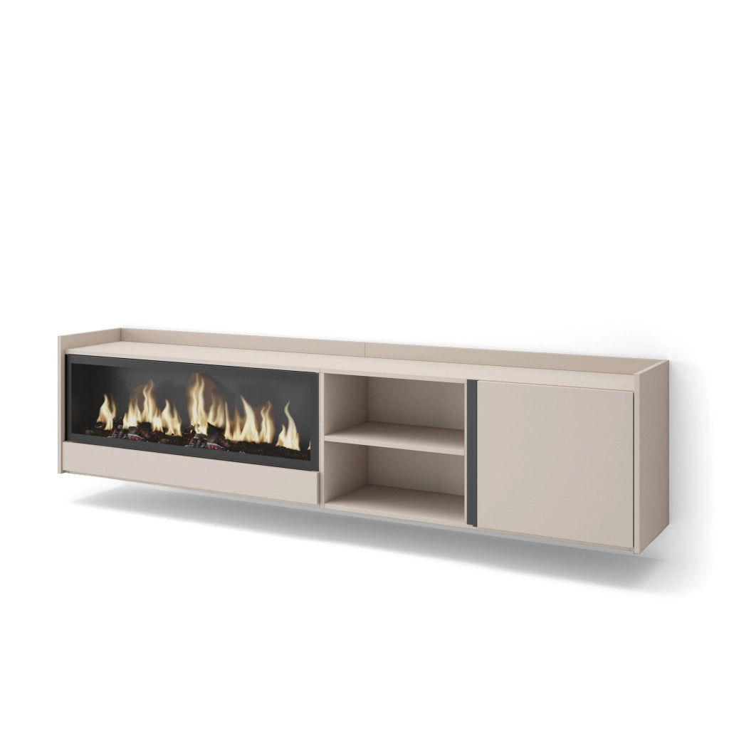 Mobile TV Soggiorno, 212x50x35 cm, Per TV fino a 80", Camino elettrico XXL, Sospeso, da appendere, Beige
