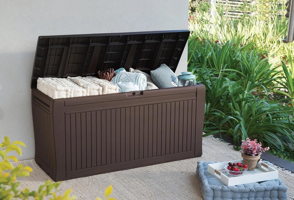 Cassapanca da Esterno Comfy 270 Litri in Resina Effetto Legno con Ruote e Seduta Portata 220 kg Colore Marrone Keter