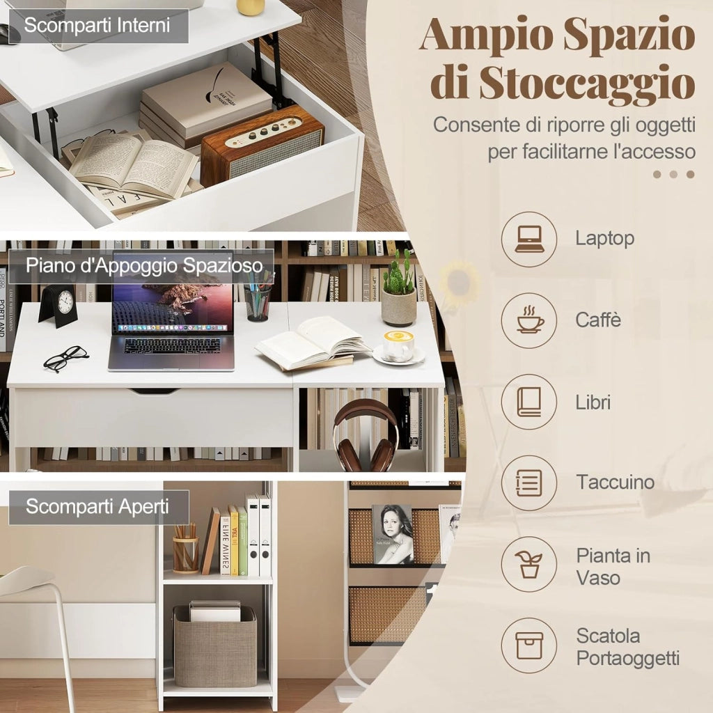 Scrivania per Computer con Piano Sollevabile, Scrivania PC Moderna con Scomparto Segreto Salvaspazio e 2 Ripiani, Ideale per Ufficio, Studio e Camera da Letto, 100 x 49 x 75 cm, Bianco