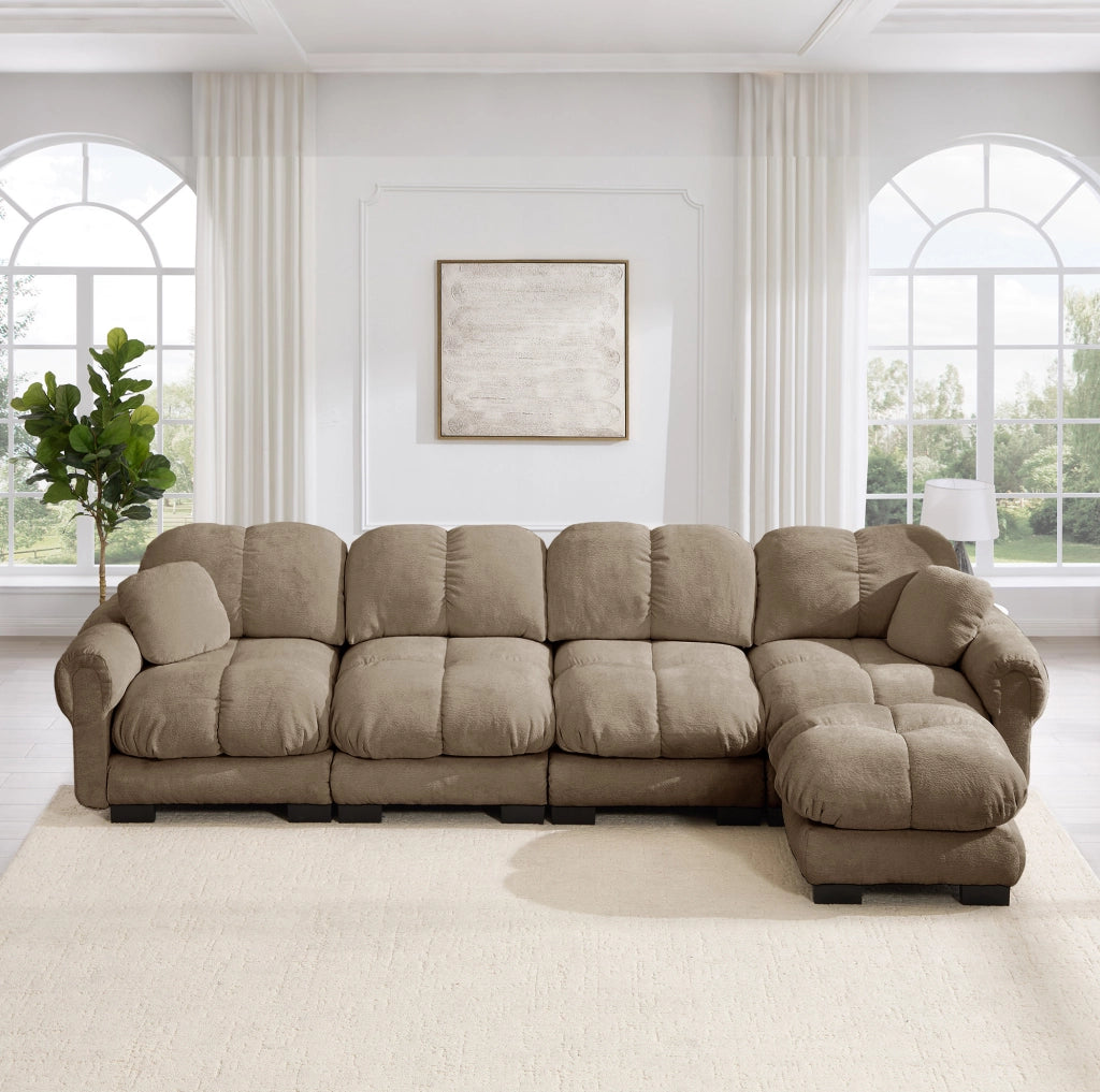 Divano angolare a L 4 posti in tessuto chenille marrone con pouf modulare