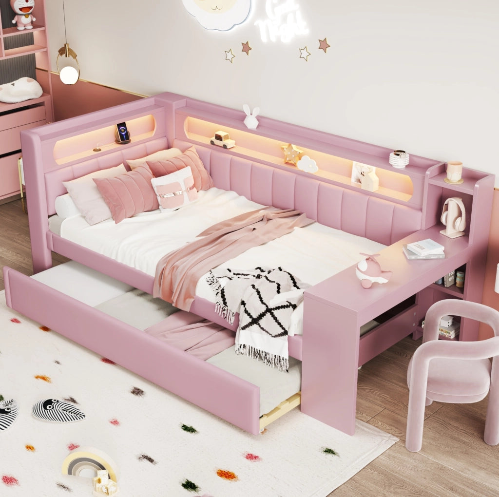 Letto singolo imbottito 90x200 cm rosa con LED, USB ed estraibile