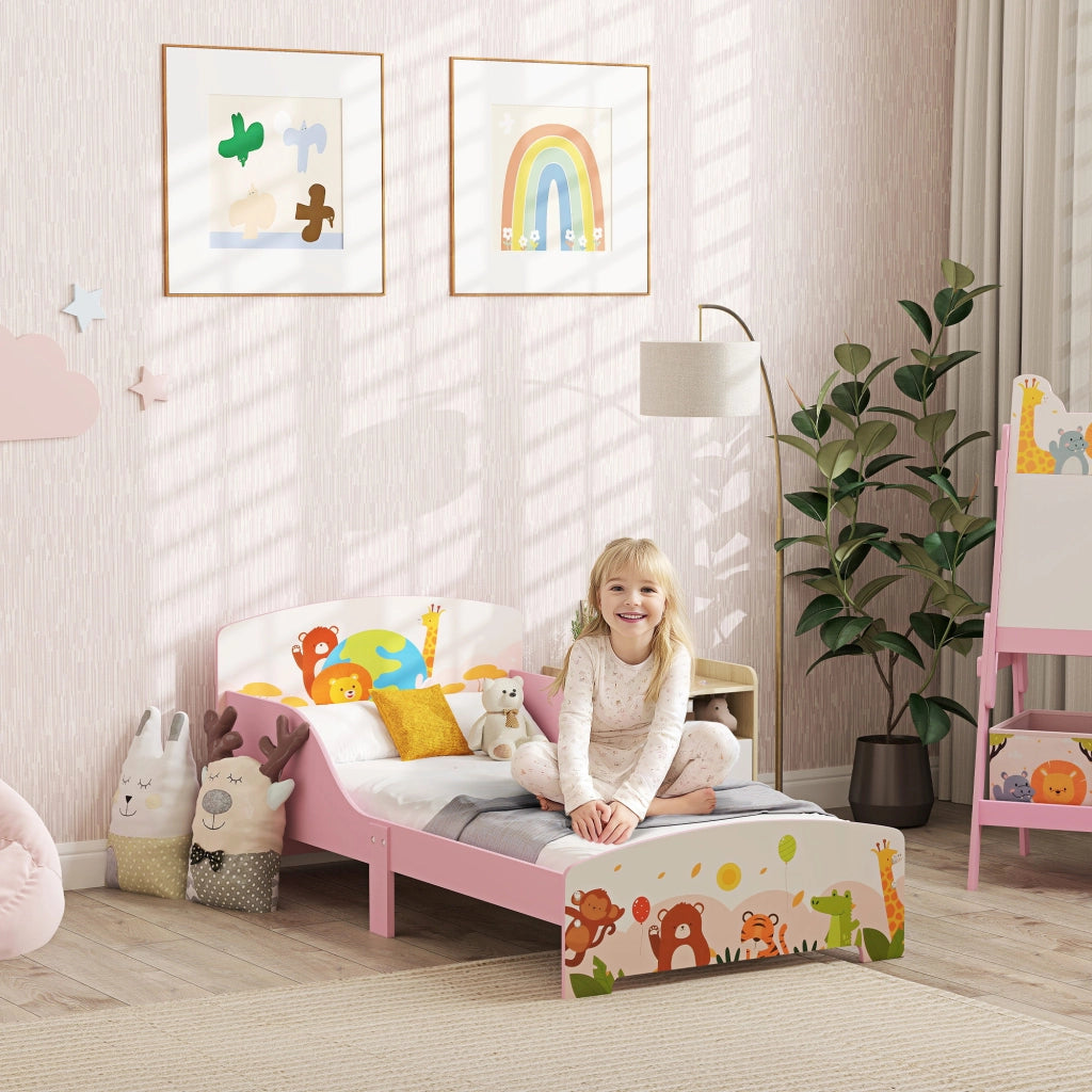 Letto Singolo per Bambini in Legno con Sponde di Sicurezza ¨C zephmum ¨C 143x77x60 cm Rosa