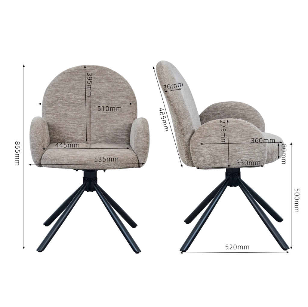 Set di 2 sedie girevoli con braccioli in chenille e metallo nero; taupe