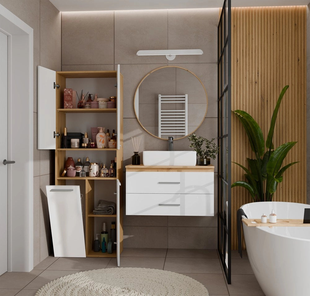 Mobile bagno NEL 1k DK scaffale colonna con koszem per bucato rovere artisan bianco lucido