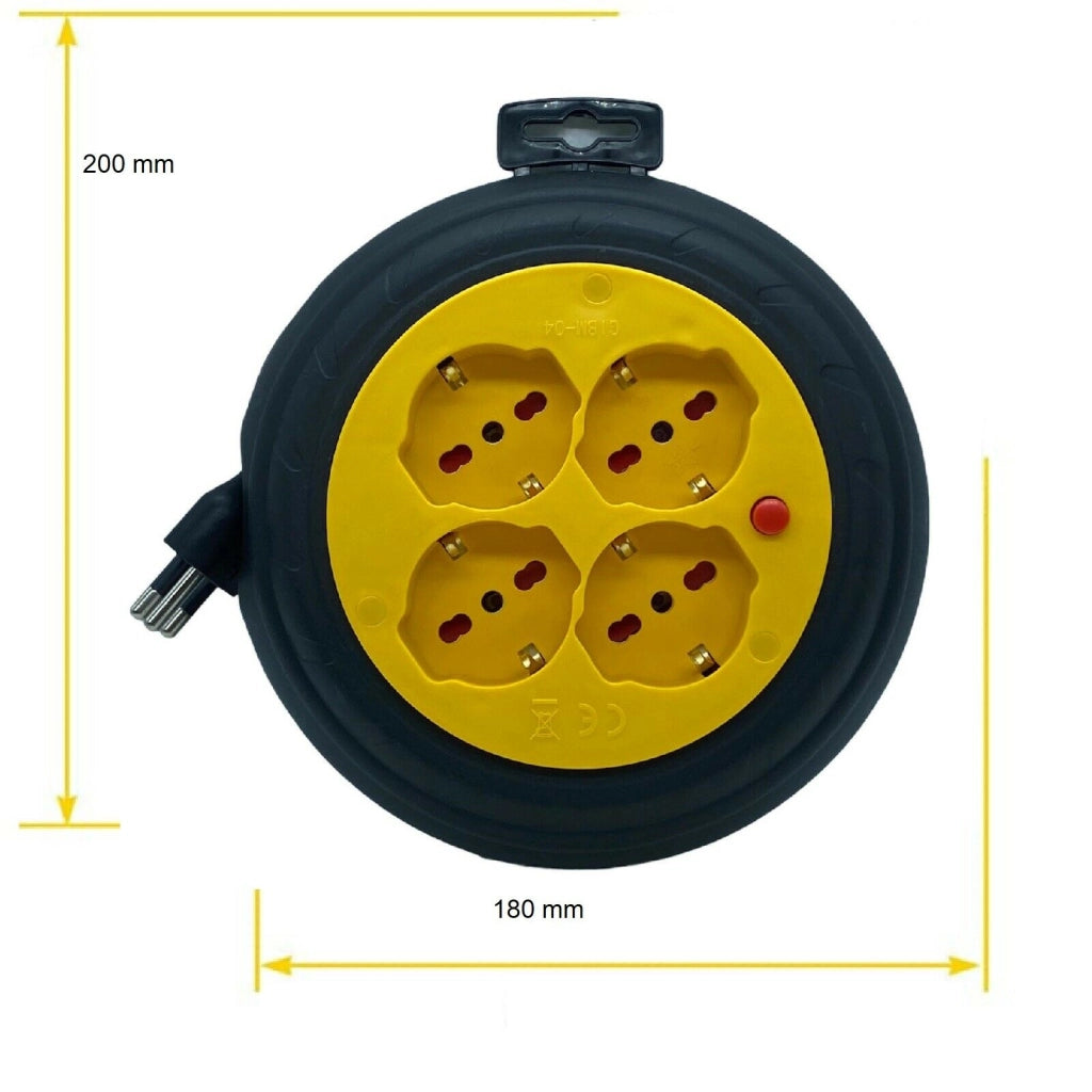 Avvolgicavo Elettrico con Cavo 3 mt Prolunga Shucko 4 prese compatto 2500w Max