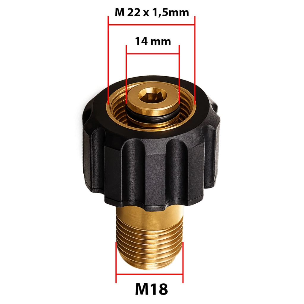 Adattatore Lancia M22x1,5 a M18 – Ottone con O-Ring | Compatibile con Idropulitrici | Filettatura M22-14 mm