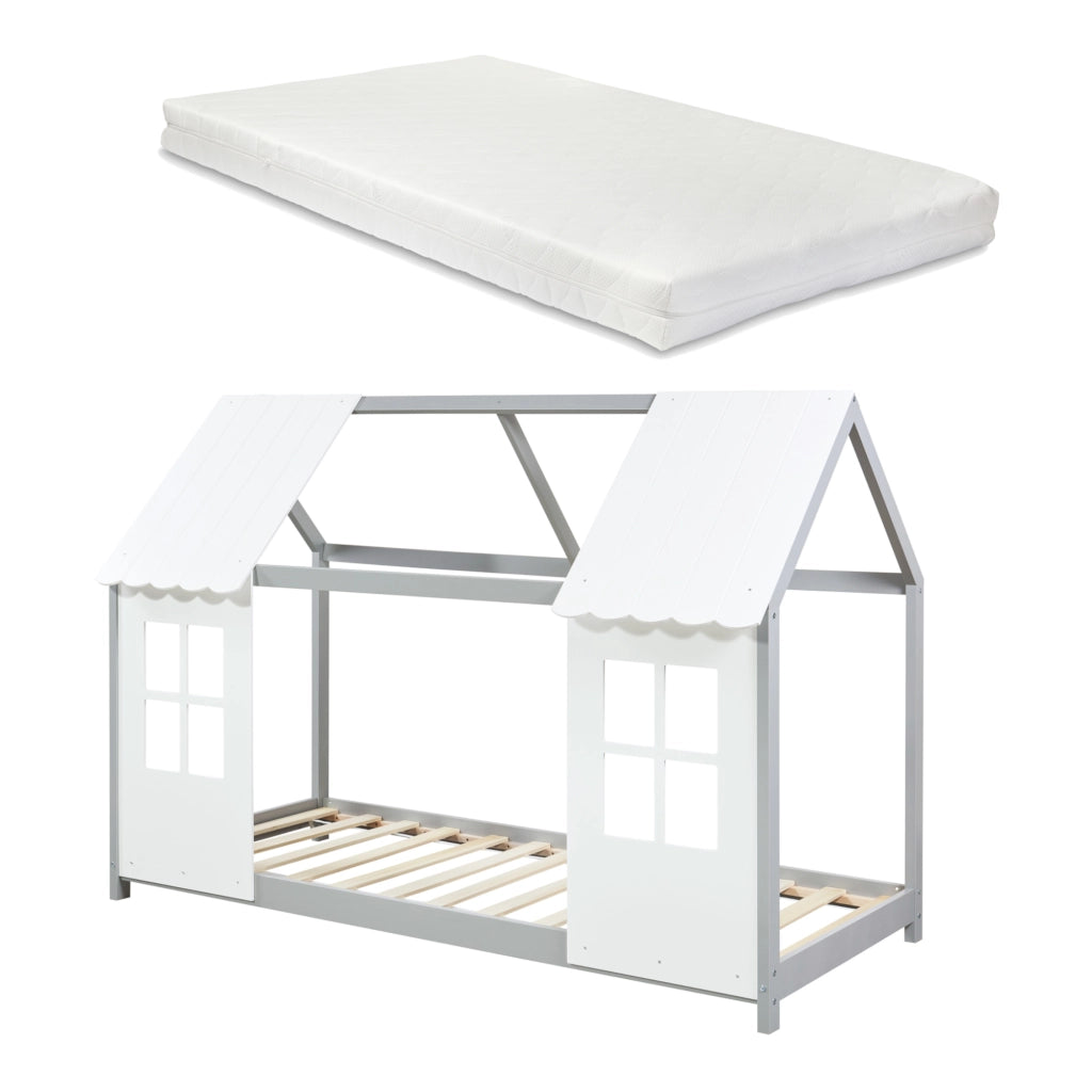 Letto Tostedt per Cameretta a Forma di Casetta con Materasso 90 x 200 Grigio / Bianco [en.casa]