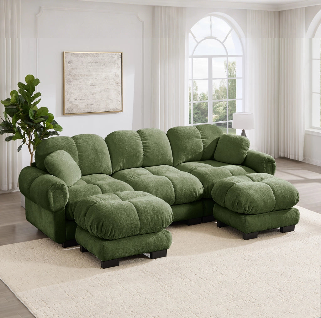 Divano modulare 260x149x90 cm in ciniglia verde con pouf mobile e cuscino decorativo