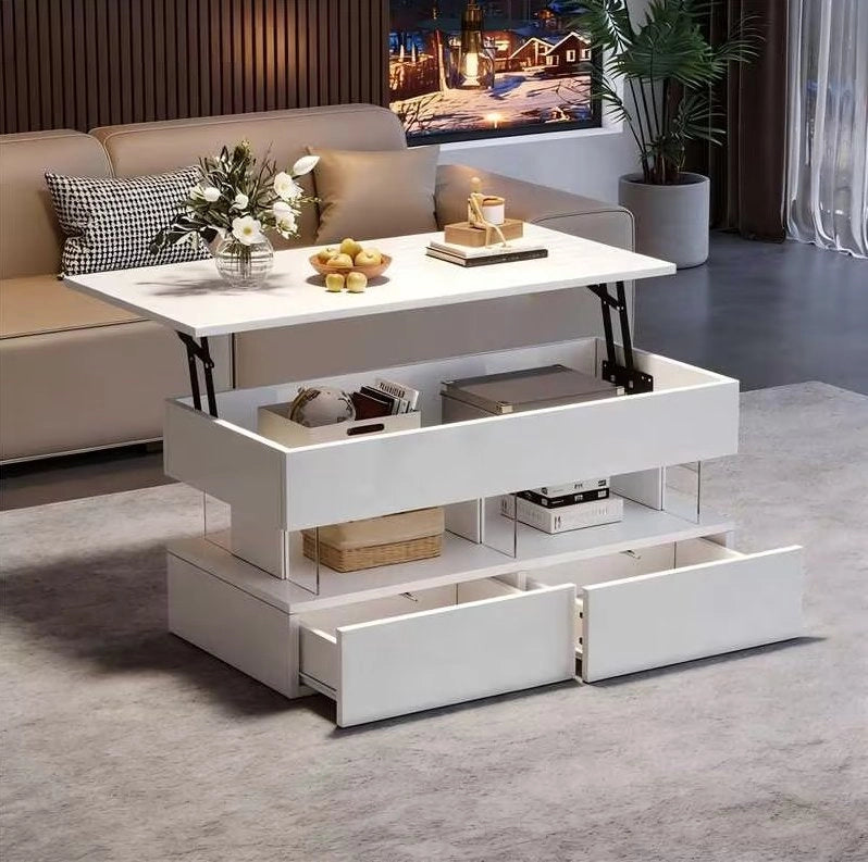 Tavolino da salotto sollevabile con spazio nascosto, cassetti e luce LED