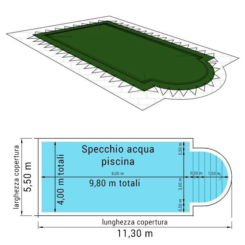 Copertura 15,50 X 7,50 M Invernale Standard 240 Gr/m² Occhielli E Corda Elastica Per Piscine Rettangolari Con Scala Romana 14,00 X 6,00 M Dimensione piscina: 9.80 x 4.00 m