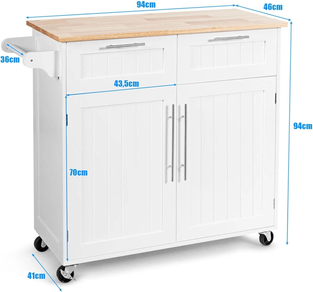 Carrello da Cucina, Isola da Cucina con Cassetti Portaoggetti e Armadietti, Ruote Universali e Portasciugamani, Ideale per Casa Ristorante Bar (Bianco)