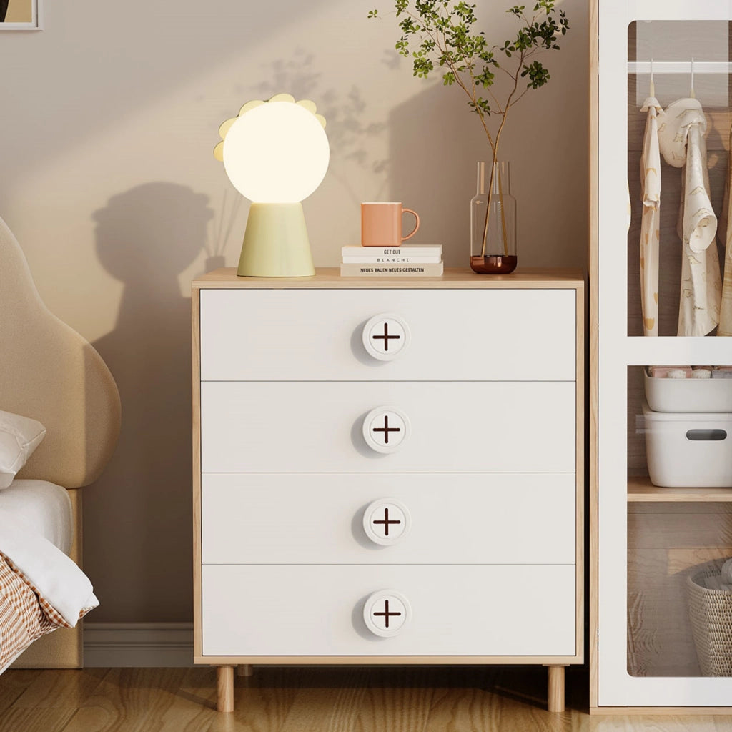 Comò con 4 cassetti e design a contrasto, per camera da letto e soggiorno, in MDF, bianco naturale, 80 × 54 × 90 cm
