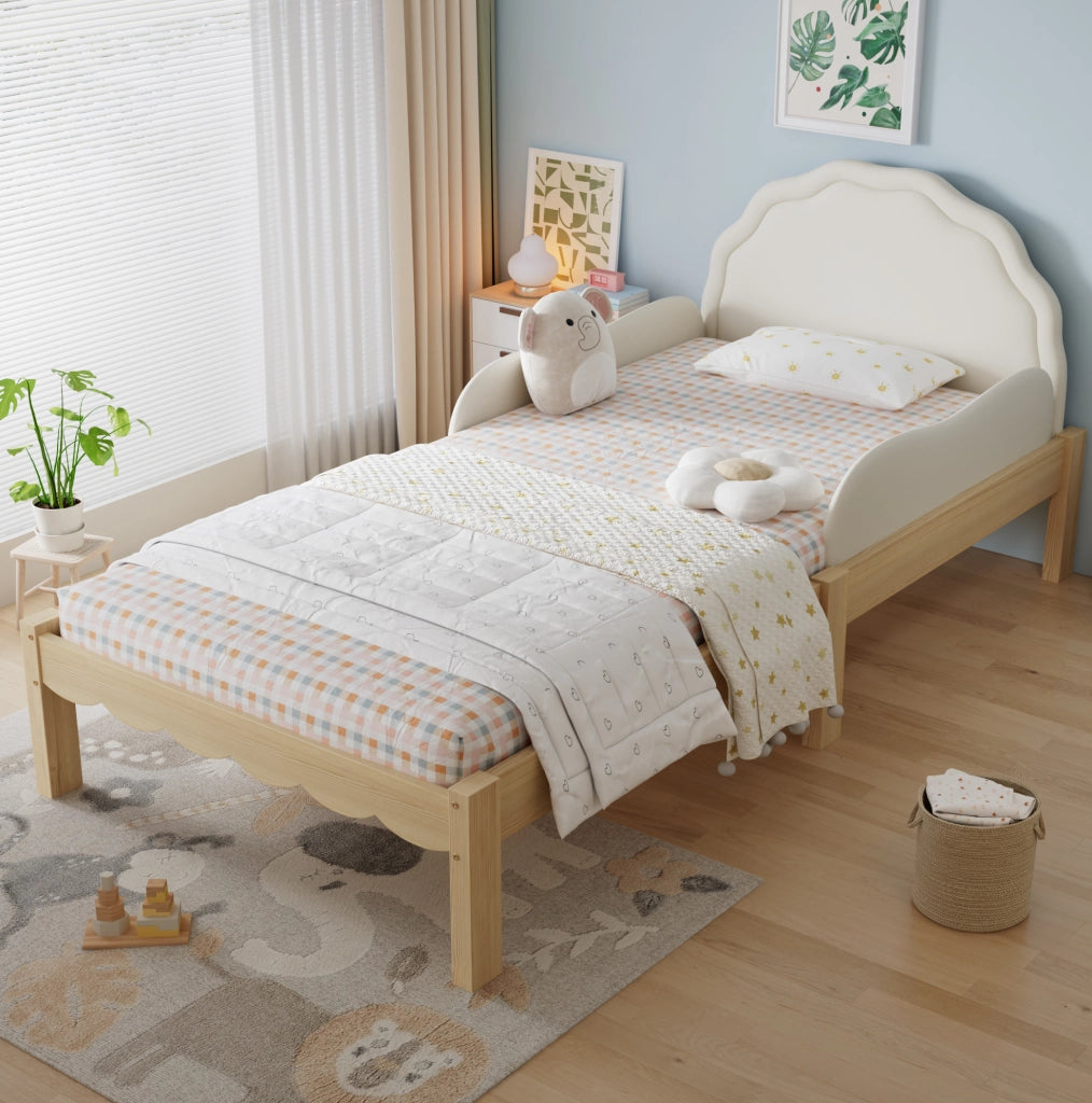 Letto imbottito per bambini 90x200 cm beige, struttura in legno con sponde laterali