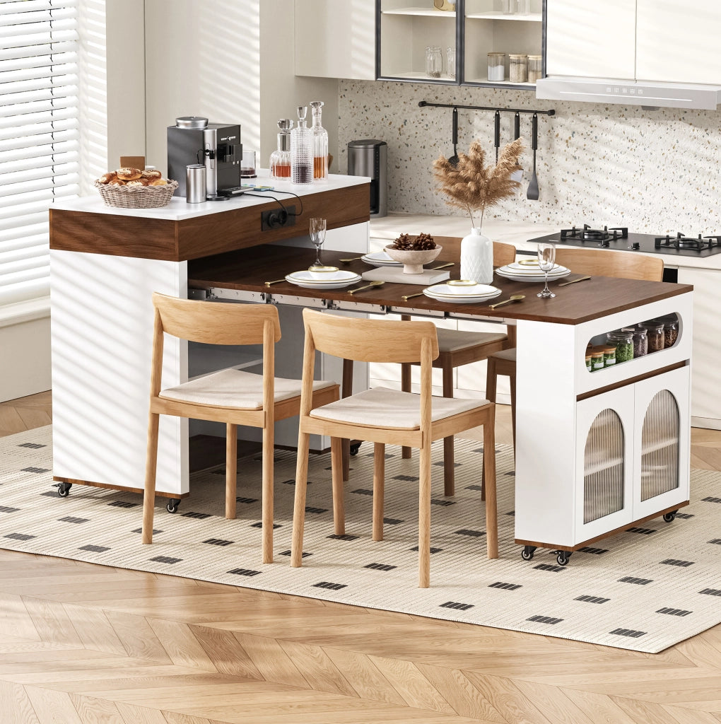 Isola cucina con ruote 110,5 x 50,5 x 95,5 cm bianca e noce con prese
