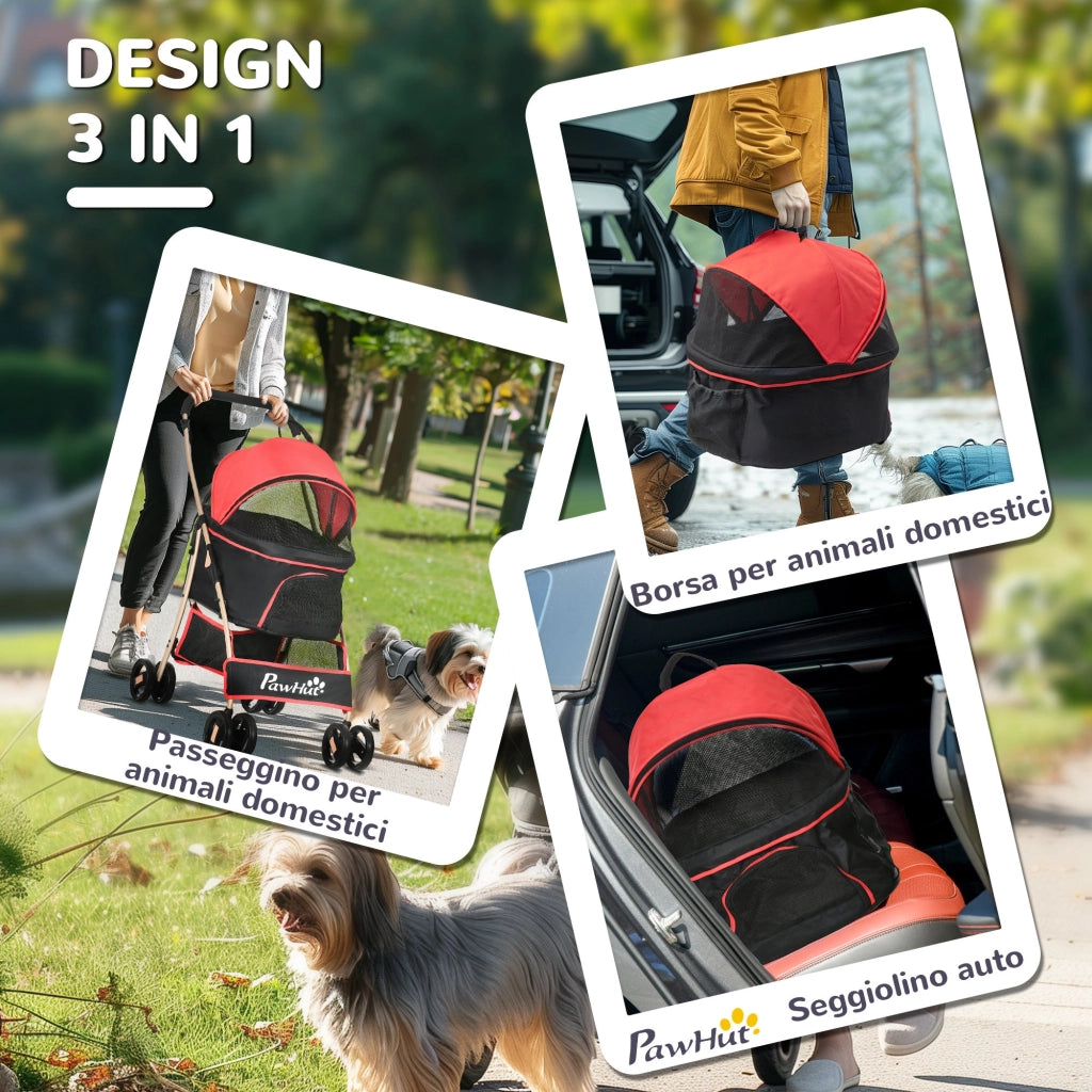 Passeggino per Cani Convertibile in Trasportino 82x49,5x98 cm in Acciaio e Poliestere Rosso e Nero