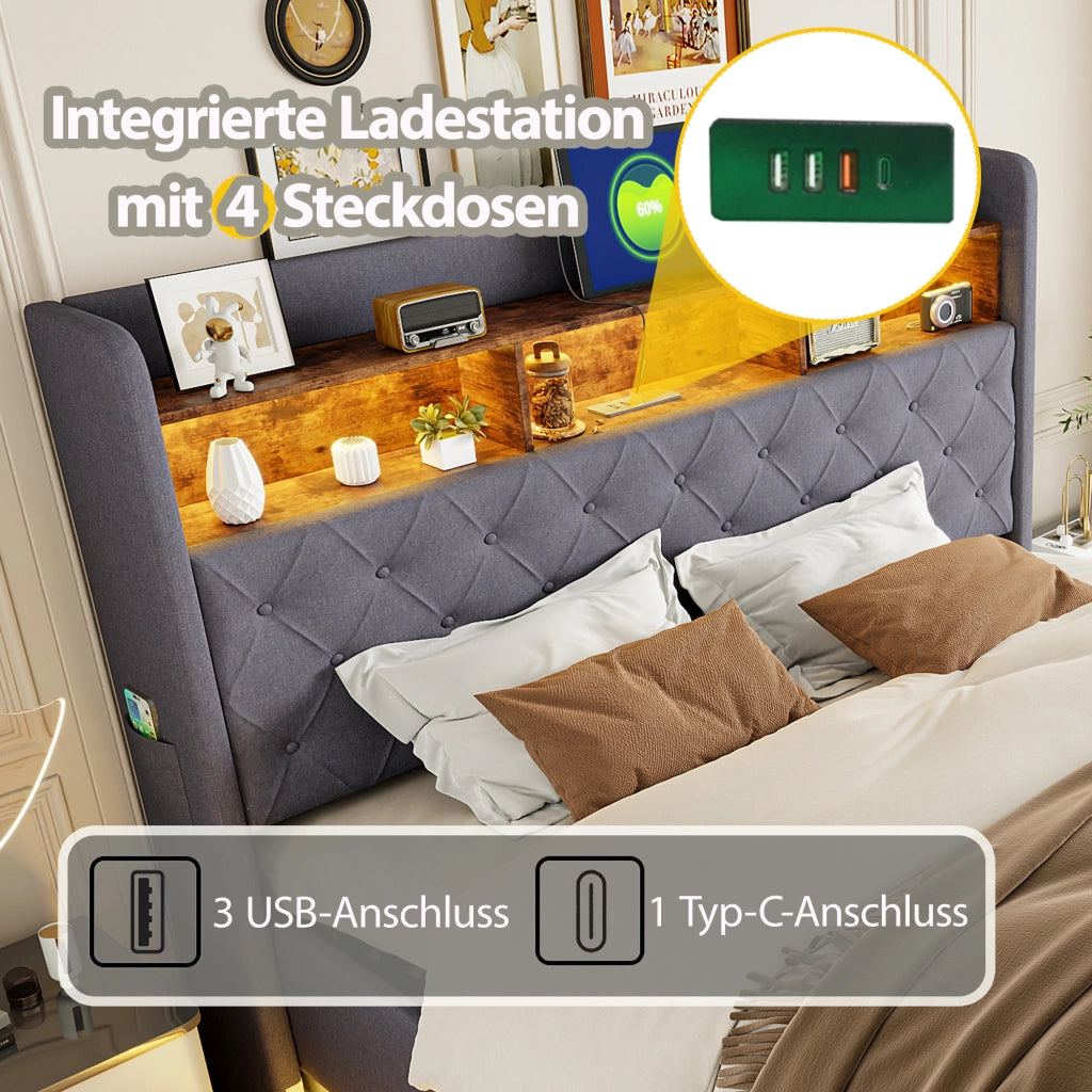 Letto Contenitore 160 x 200 cm con LED; USB e vano idraulico in Tessuto Grigio