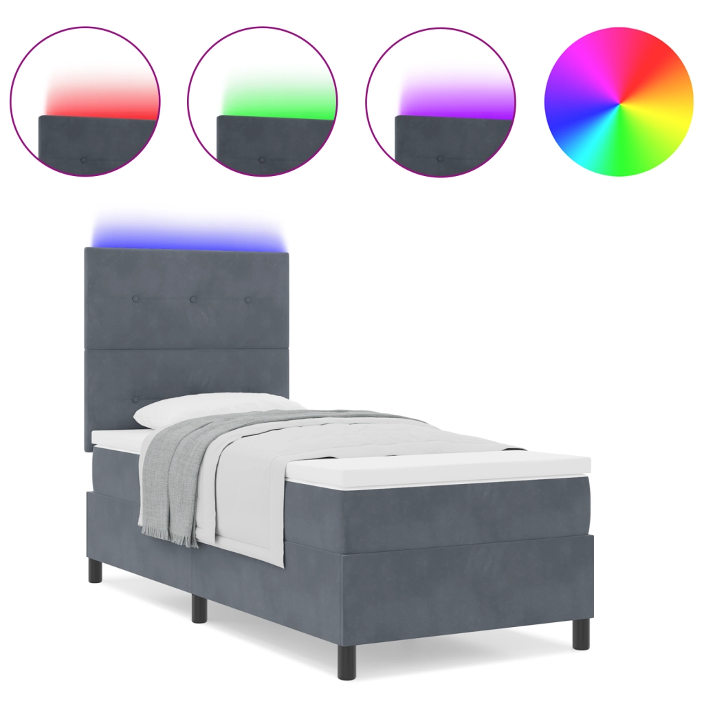 Letto a Box Spring con Materasso e LED Grigio Scuro 100x200 cm Velluto