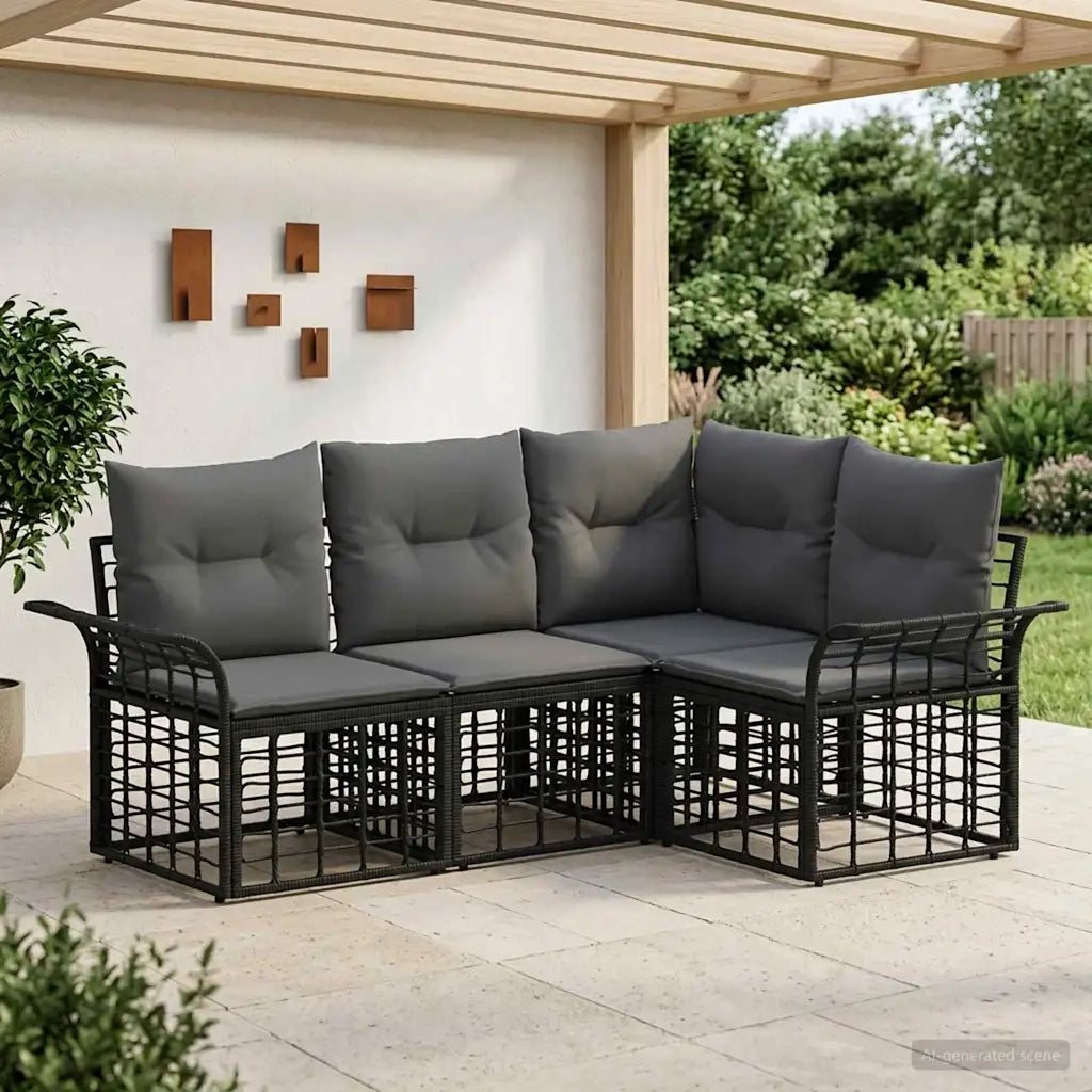 Set di divani da esterno 4 pcs Nero e Grigio scuro Poliestere