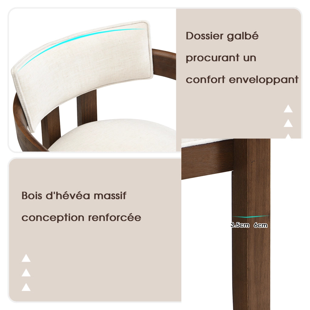 Set di 2 sedie da pranzo con braccioli in legno massiccio e lino color noce
