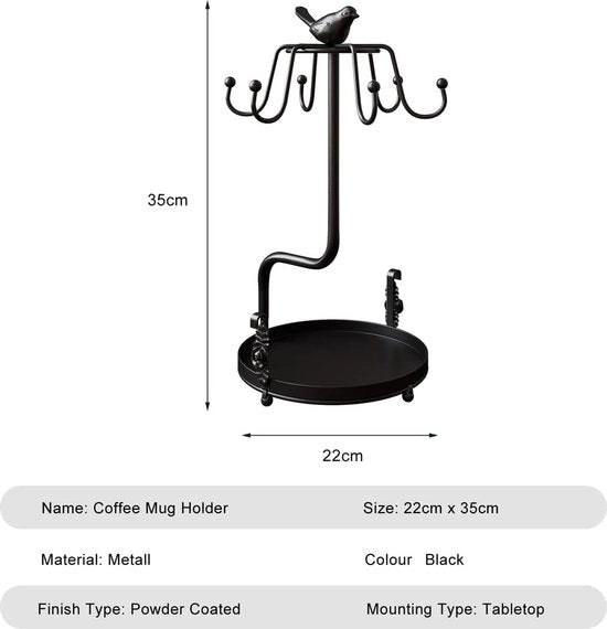Sistema di posa per 6 tazze, contenitore per tazze da caffè con 6 ganci e cassetta di stoccaggio, supporti per tazze da caffè in metallo per cucina, nero