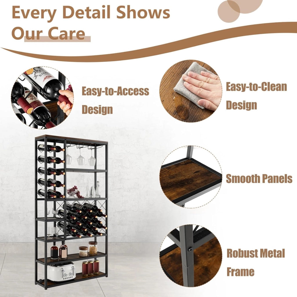 Scaffale da Cucina con 27 Bottiglie, Scaffale per Vino con 7 Livelli di Ripiani e 3 File di Portabicchieri, Scaffalatura in Legno, Mobile Porta Microonde per Sala da Pranzo, 81 x 23 x 166 cm