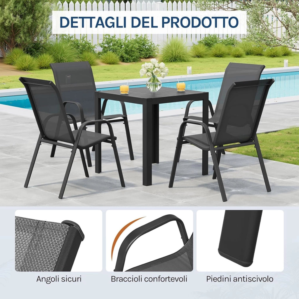 Set di 2 sedie da giardino impilabili, sedie da esterno con braccioli e schienale, per terrazza, balcone, grigio scuro
