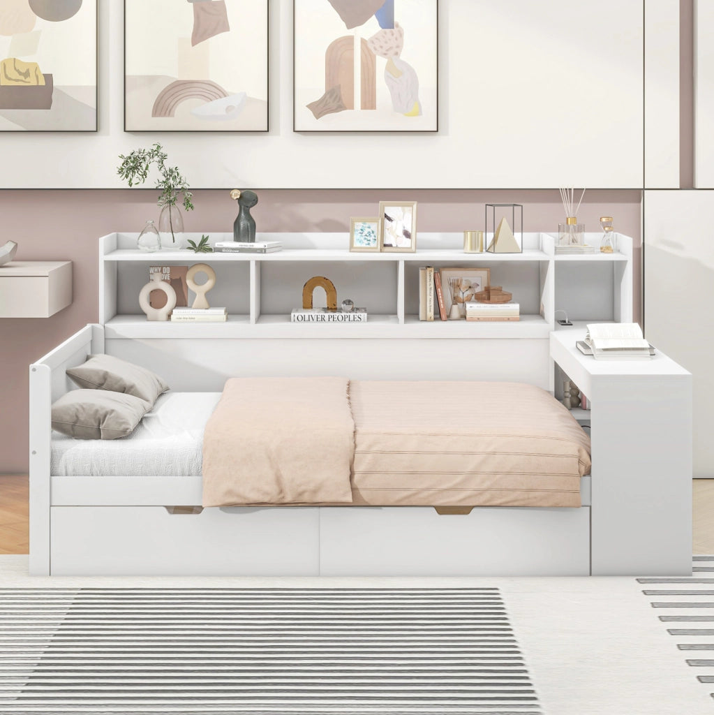 Letto singolo 90x200 cm con scrivania; 2 cassetti; presa di ricarica e USB; bianco