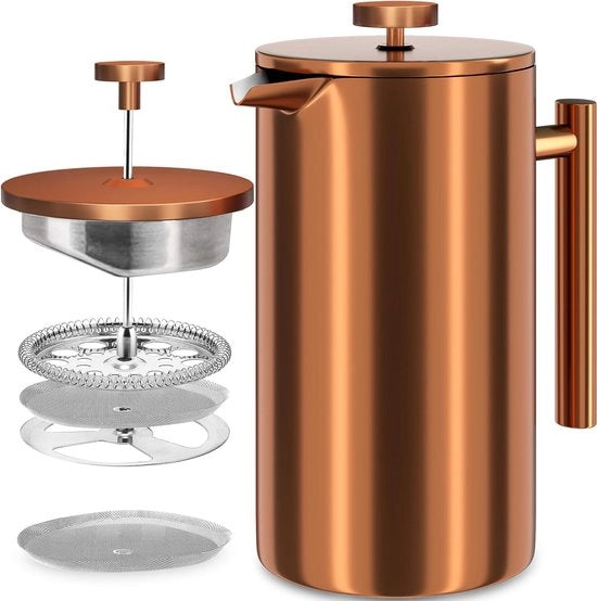 Caffettiera a Stomaco di Acciaio Inox con Filtro a Tre Strati e Pareti Isolate - 1000 ml (4 tazze di caffè / 8 bicchieri di caffè) - Caffettiera con Filtro di Acciaio Inox e Base in Bronzo