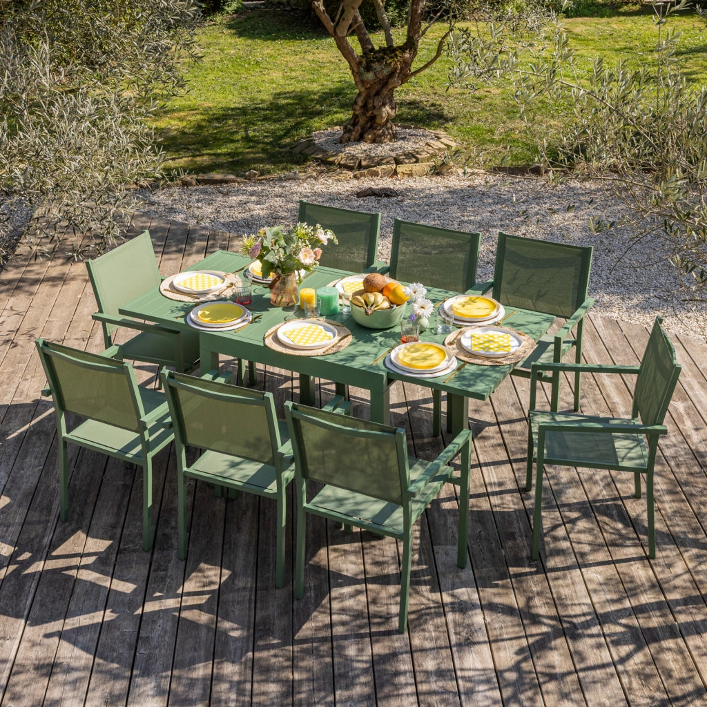 VENEZIASet di mobili da giardino allungabili 90/180 in textilene verde salvia 8 posti - alluminio verde salvia