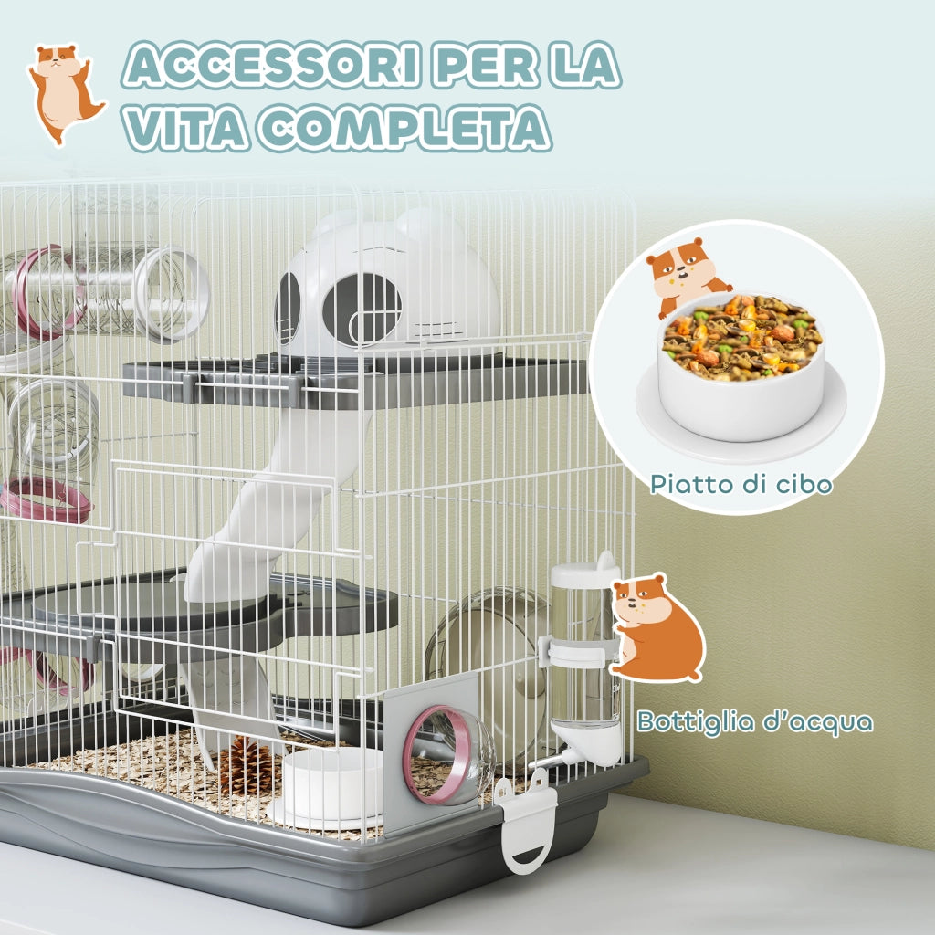 Gabbia per Criceti a 3 Livelli 45x30x45 cm e 14 Tubi con Casetta Rampa e Accessori in Metallo e Plastica Grigio