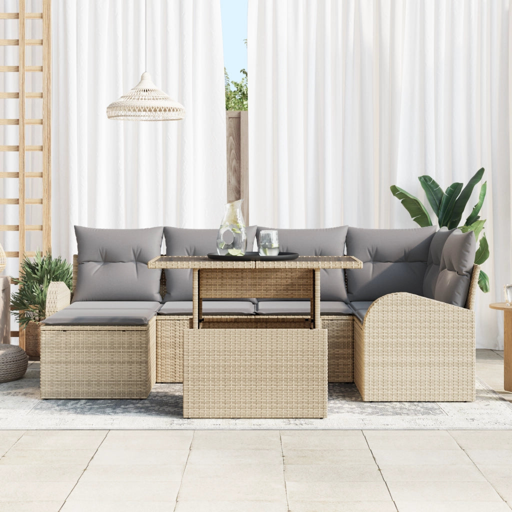 Set da Giardino  a 7 Pezzi con Cuscini Beige in Polyrattan