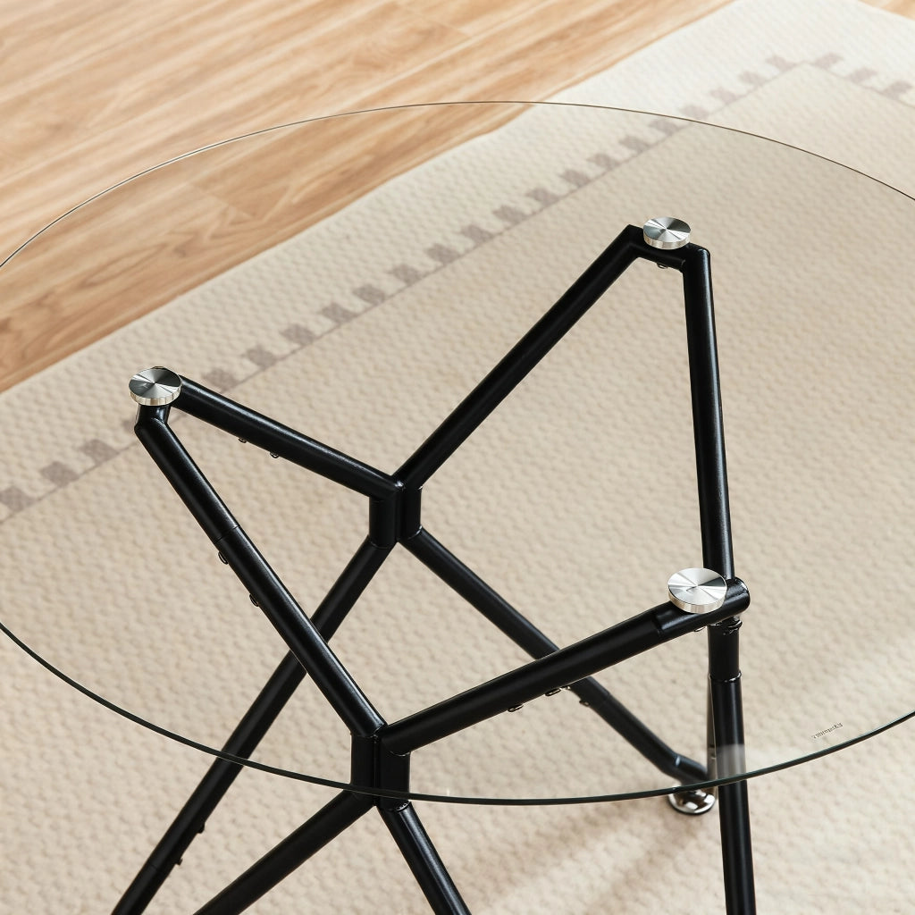 Tavolo da pranzo rotondo in vetro temperato con gambe in metallo per sala da pranzo e soggiorno nero 90 cm