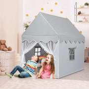 Tenda da Gioco per Bambini, Casetta per Bambini con Struttura in Solido Legno, Tappetino di Cotone, Tenda a Rete e Finestre, 105x120x140 cm (grigio)