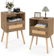 Set di 2 comodini con cassetto in rattan e ripiano aperto, tavolino con gambe in legno massello, comodino in stile boho, per camera da letto, soggiorno, 40 x 30 x 60,5 cm