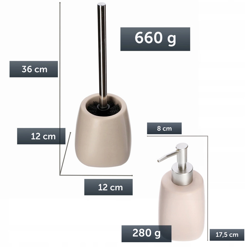 Set da bagno KADAX con dispenser di sapone per WC e spazzolino in ceramica beige.