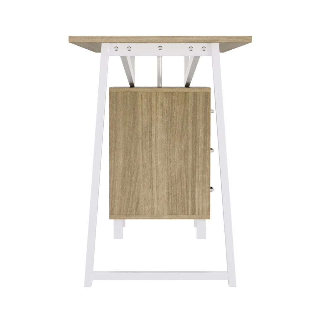 Scrivania 130 x 55 x 75 cm, in MDF, con 3 cassetti, gambe a triangolo, color legno naturale e bianco