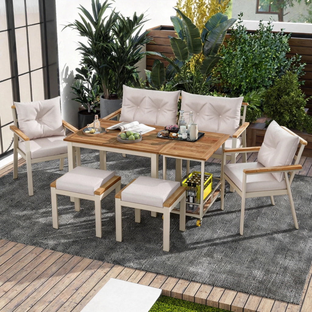 Set Tavolo e Sedie da Giardino con 1 Divano 2 Posti; 2 Sedie; 2 Sgabelli; 1 Tavolo e 1 Carrello; Acacia; Metallo e Tessuto; Beige e Naturale