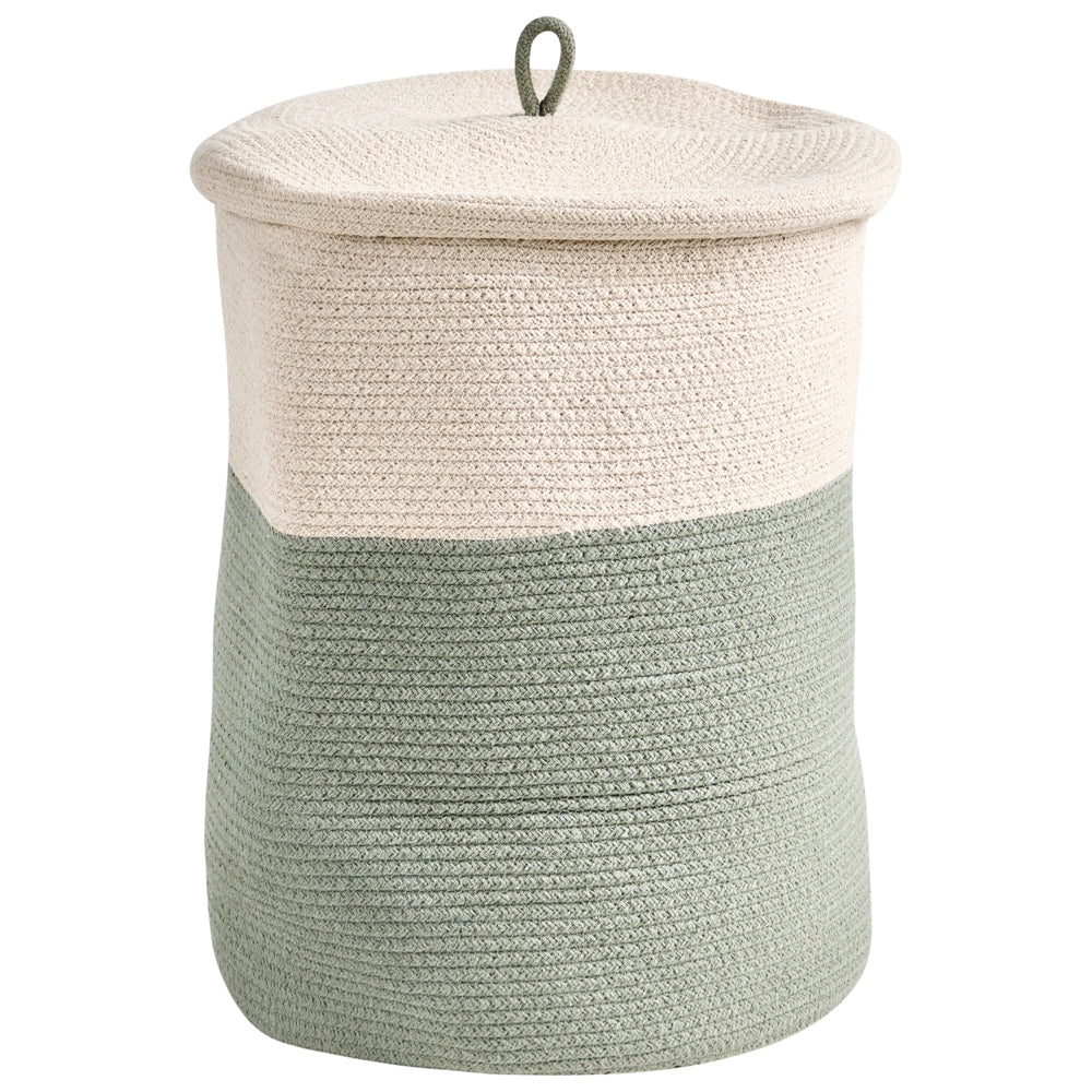 Cesto portaoggetti in cotone beige chiaro e verde con coperchio, cesto per la biancheria, accessori in stile boho