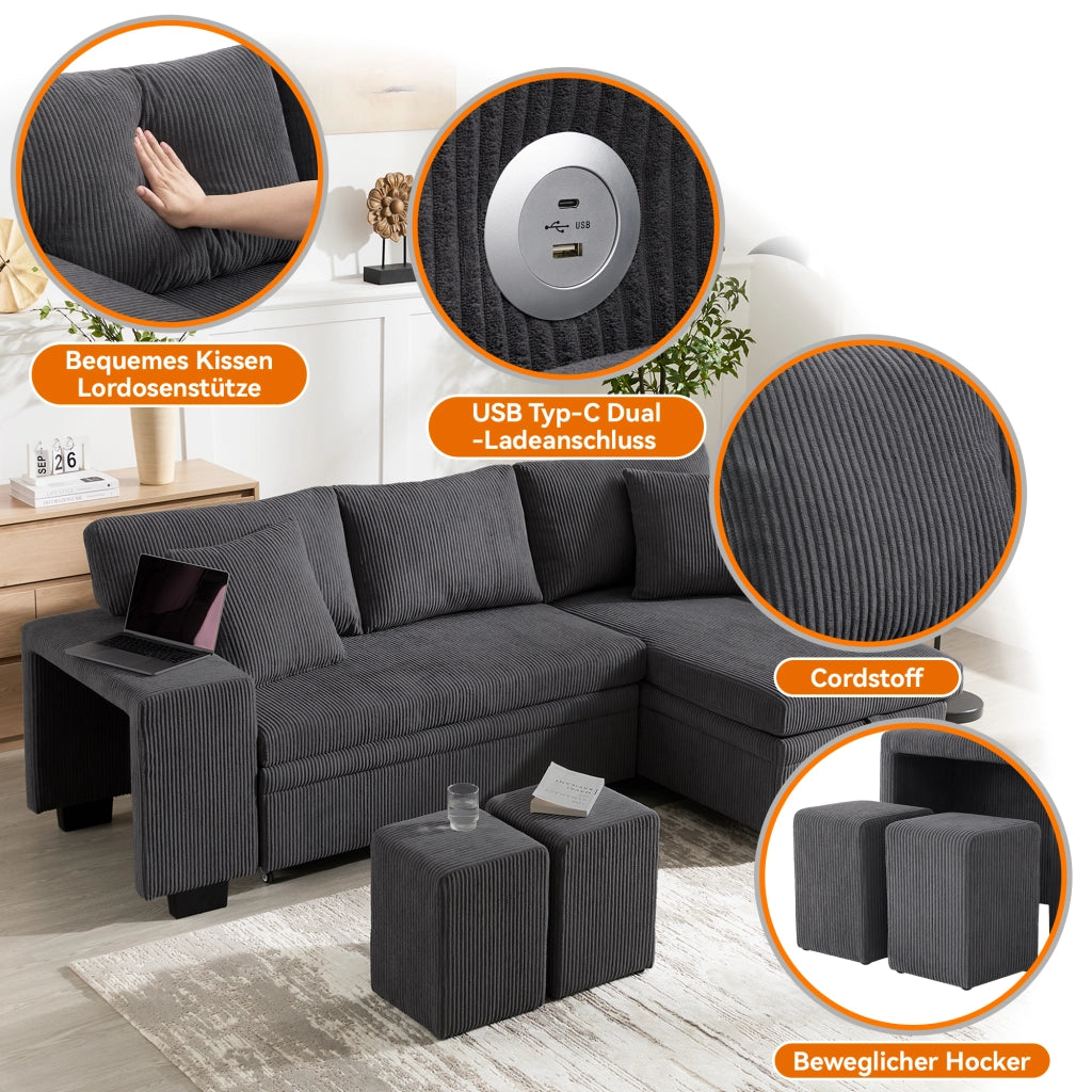 Divano Angolare Convertibile 3-4 Posti con Letto, USB e USB-C, Contenitore, Scaffale, Velluto a Coste Grigio