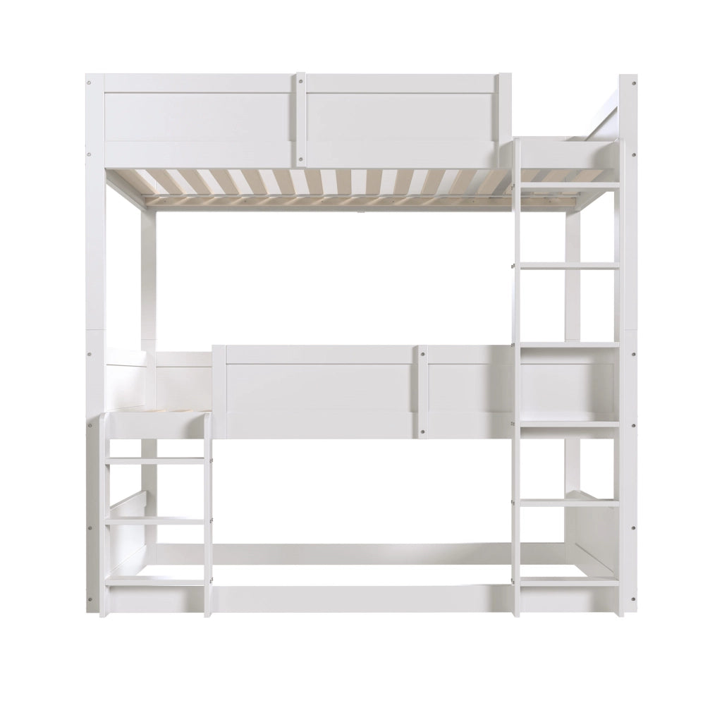 OKWISH Letto a Castello 90×200 cm, Letto 3 Posti con Sponde di Sicurezza e Struttura Modulare, senza Materasso, in Legno, Bianco