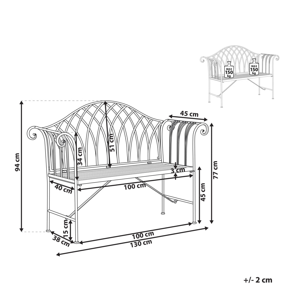 Panca da giardino per esterni Pistacchio in metallo verde chiaro 130 cm 2 posti con braccioli svasati in stile vintage
