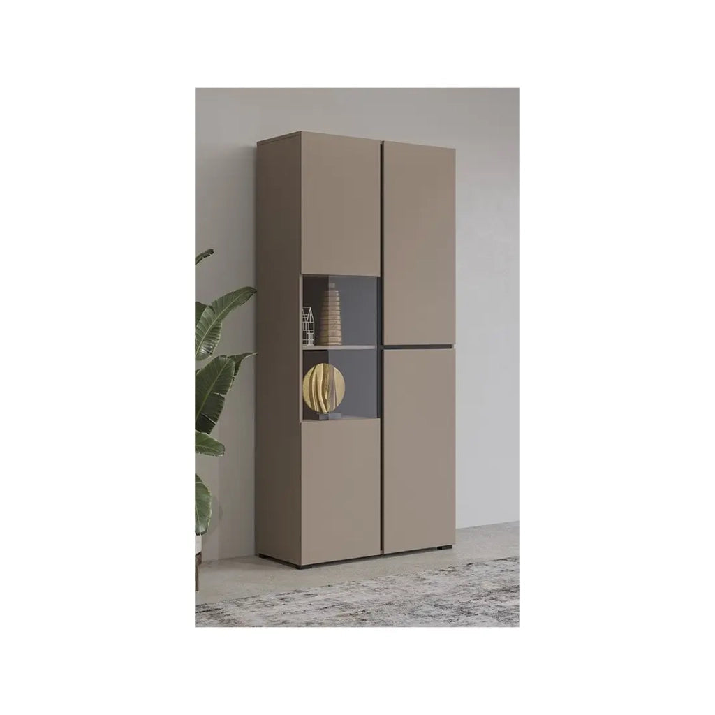 Vetrina alta 2 porte collezione HAVANA. Colori beige e nero.
