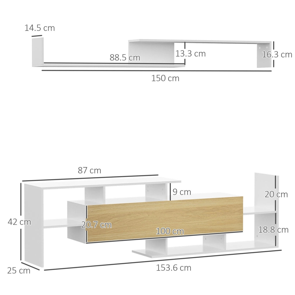 Mobile TV Ripiani e Armadietto a Ribalta con Mensola a Muro 153,6x25x42 cm Bianco e Legno Naturale