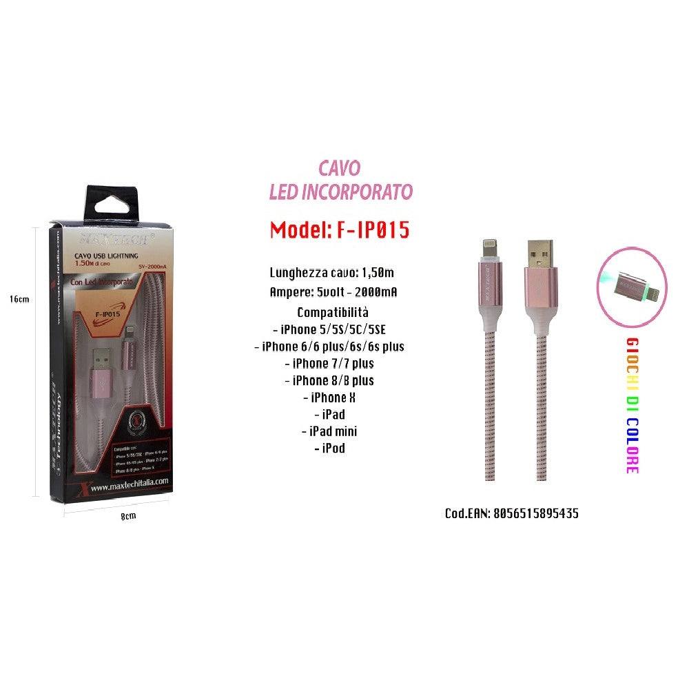 Trade Shop - Cavo Ricarica Led Incorporato Per Iphone Ipad Ipod 5volt-2000ma Maxtech F-ip015 -