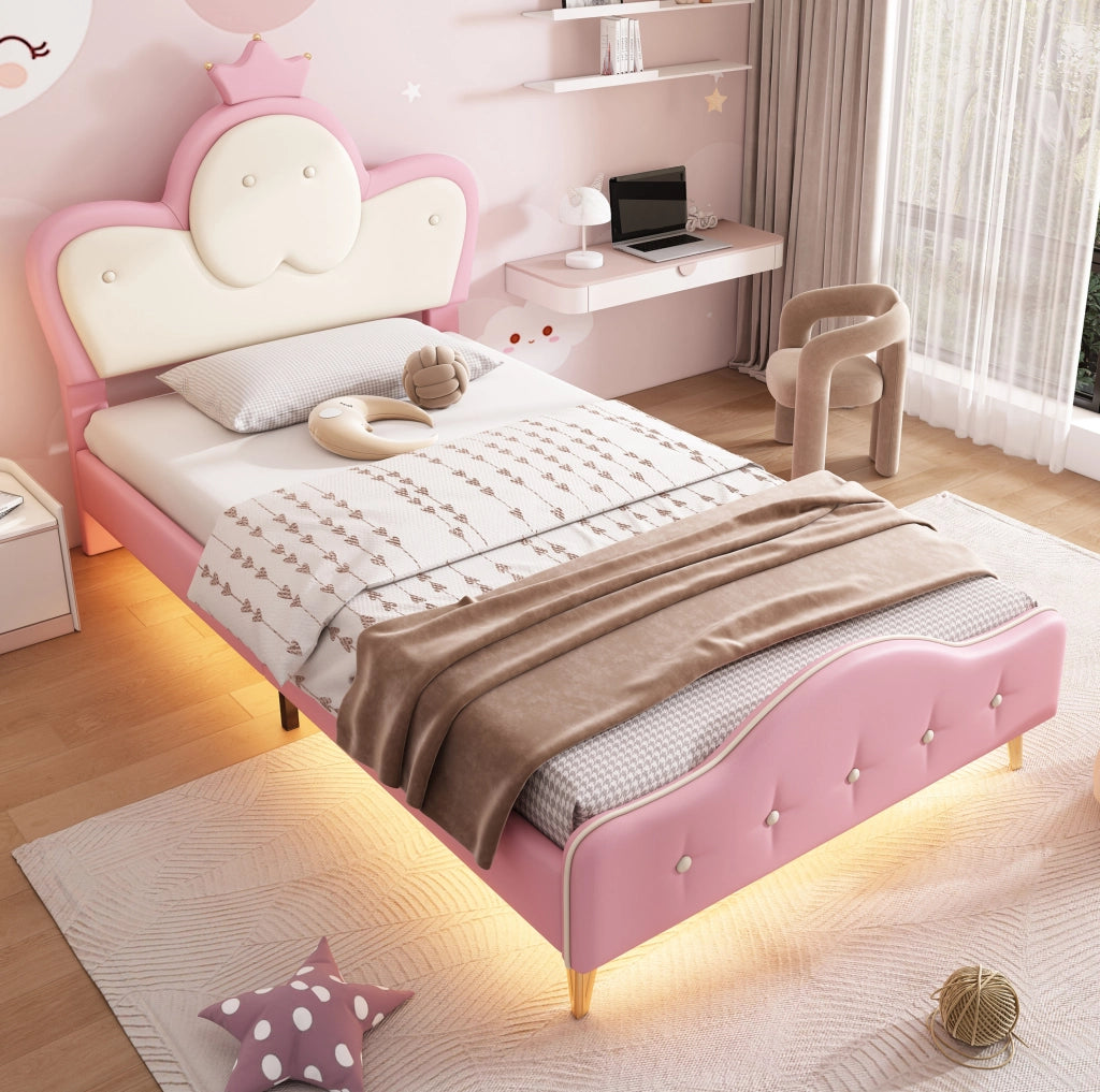 Letto singolo per bambini 90x200 in PU rosa e bianco， corona， LED， senza materasso