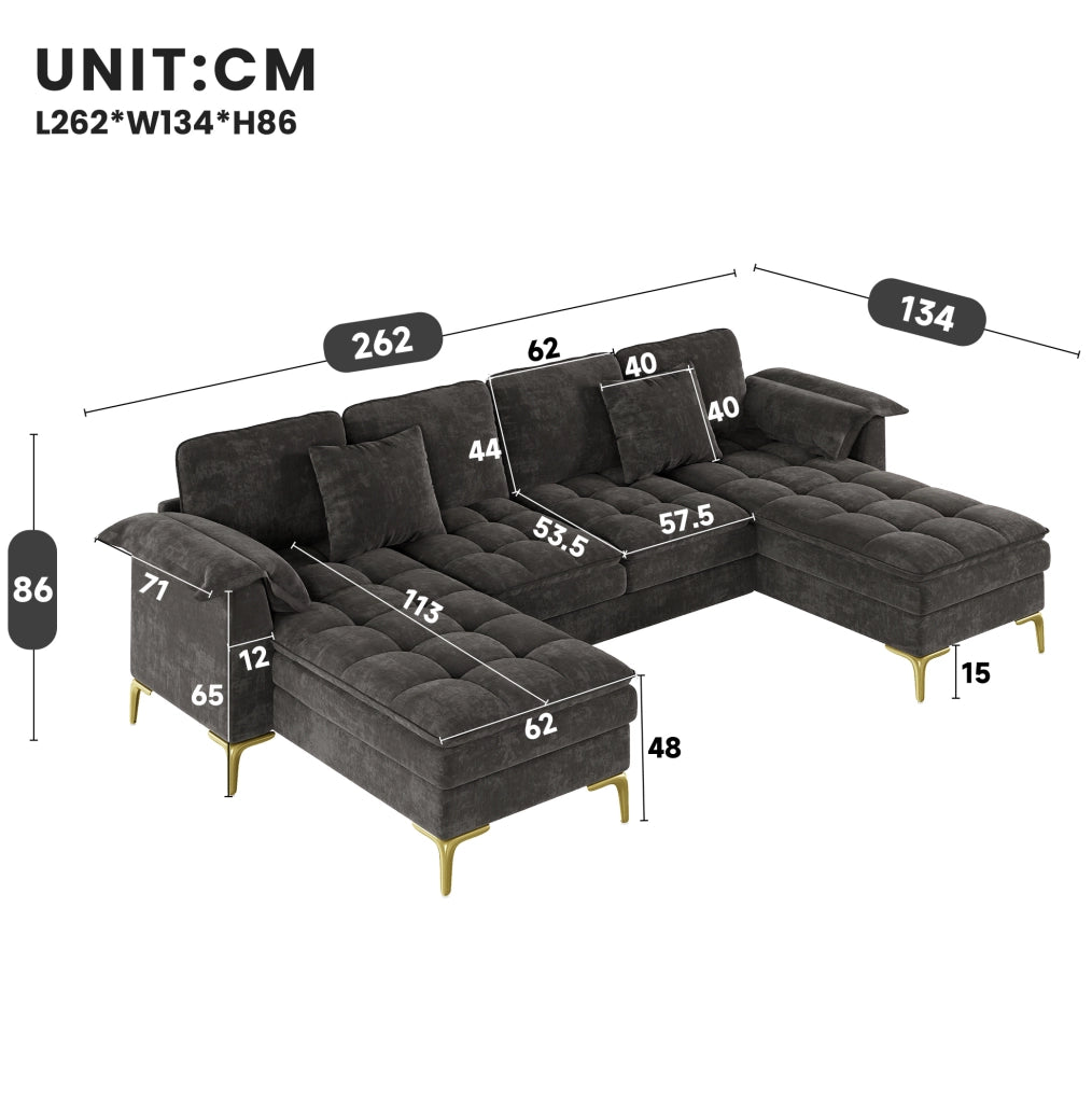 Divano a U modulare 4-5 posti 262 cm in chenille grigio