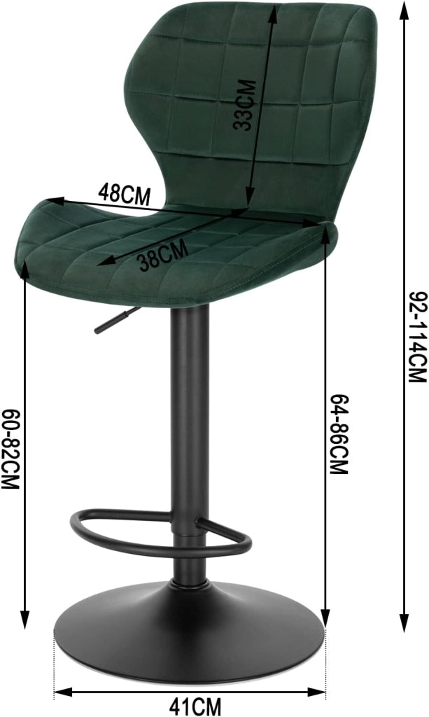 Set di 1 Sgabello da Bar con Schienale e Poggiapiedi Girevoli a 360° Sedia Alta da Cucina con Seduta Regolabile tra 60-82cm in Velluto e Metallo Verde Scuro BH324dgn-1