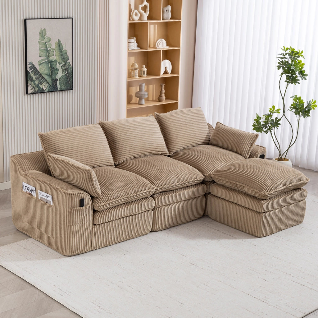 Divano modulare in velluto a coste con pouf; tasche laterali e cuscini; kaki