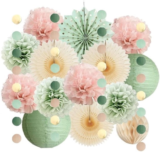 Decorazioni per Festa in Verde Salvia e Rosa Chiaro - Lanternini di Carta, Pompom e Ventilatori per Matrimonio e Compleanno