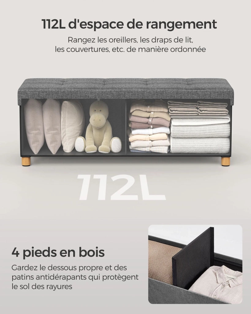 Pouf/sgabello contenitore con poggiapiedi panca pieghevole con contenitore 38 x 38 x 40 cm per soggiorno/camera da letto grigio 12_0007287
